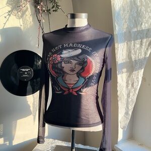 Sheer Long-Sleeve Graphic Top in black with Sailor Girl Print size: xs